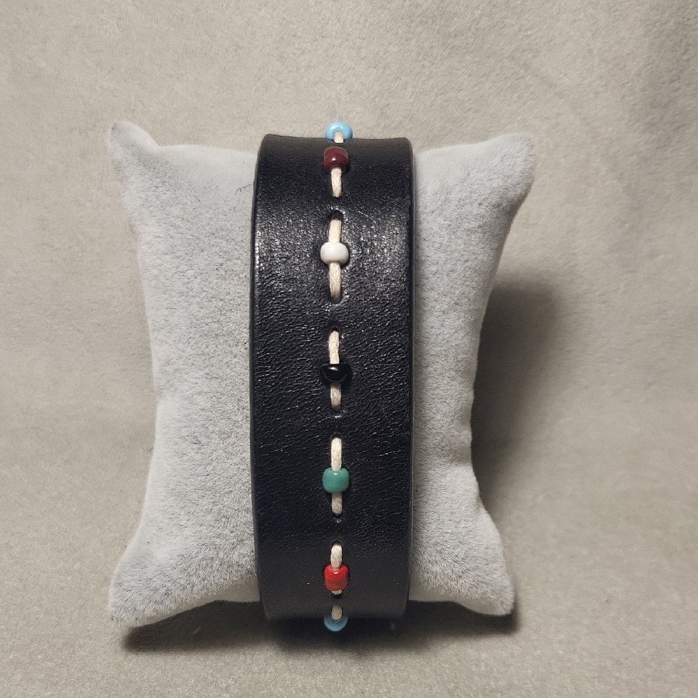 Black Leather Bracelet with Multicolor Beads